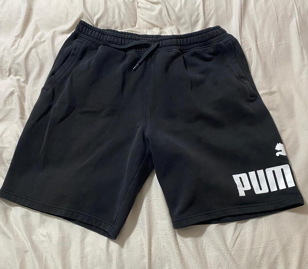 Puma Mens Large Black White Big Logo Fleece Sweat Shorts Pre Owned